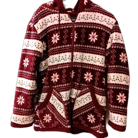 Trail Crest Fleece Hoodie M Nordic Snowflake Fair Isle Red White Sherpa Lined... - Picture 1 of 12